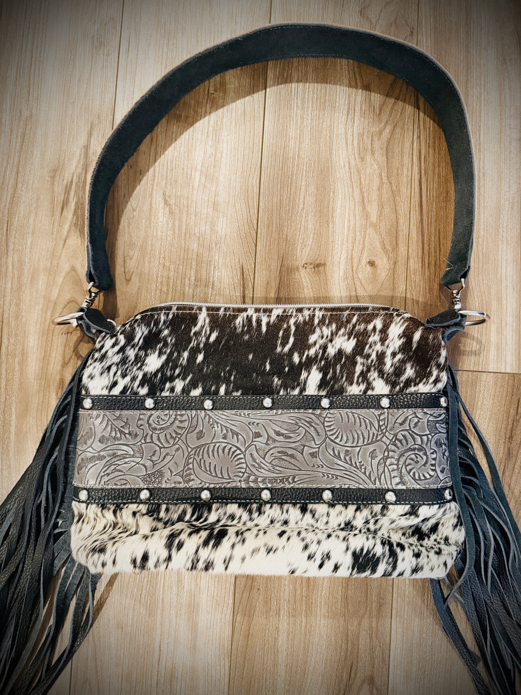 DCD “Annie” Shoulder Bag | Chocolate/White Hide + Lead Dallas Tool | Fringe