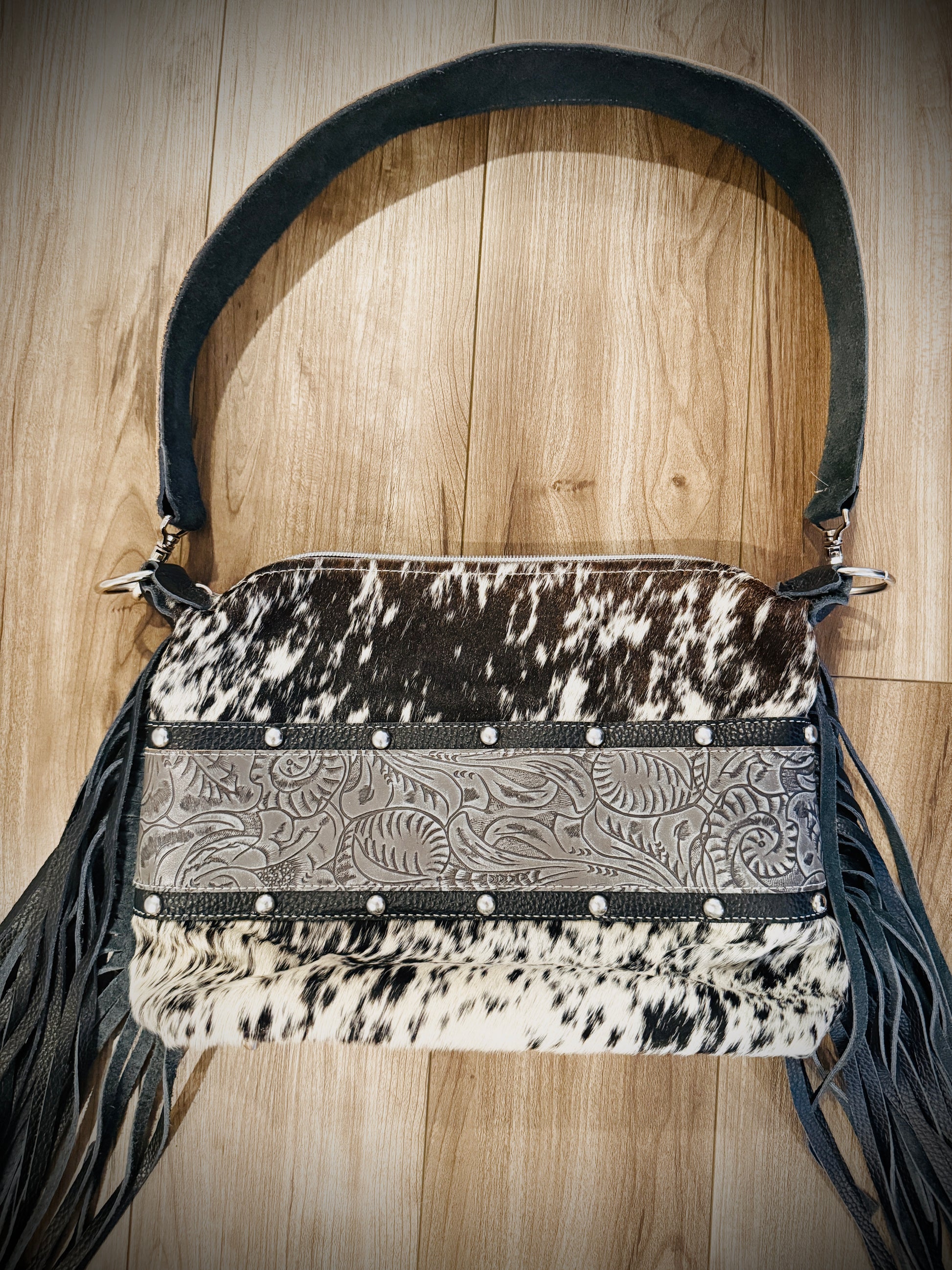 DCD “Annie” Shoulder Bag | Chocolate/White Hide + Lead Dallas Tool | Fringe