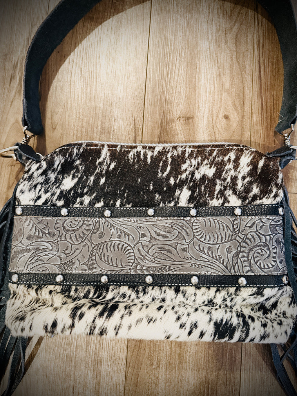 DCD “Annie” Shoulder Bag | Chocolate/White Hide + Lead Dallas Tool | Fringe