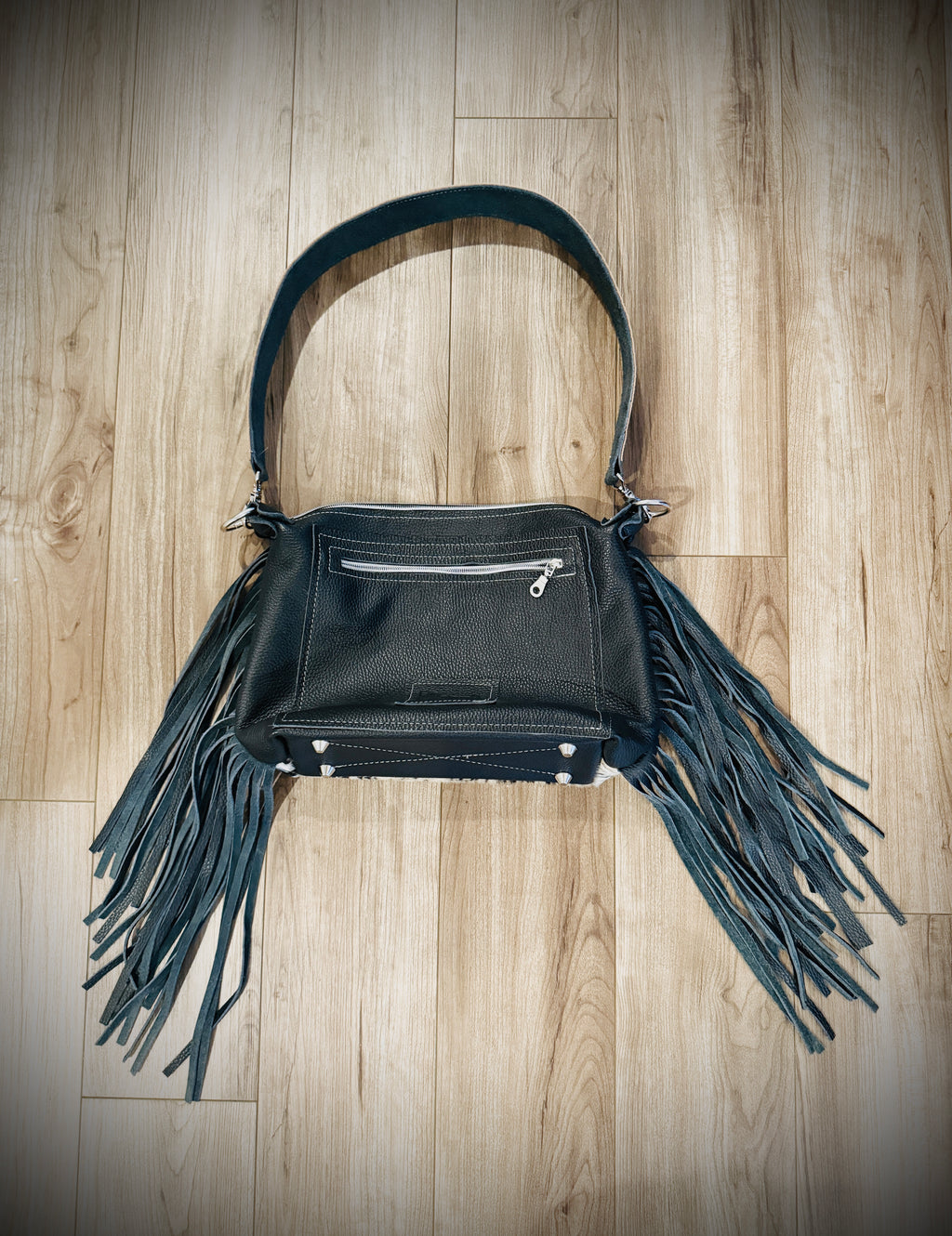 DCD “Annie” Shoulder Bag | Chocolate/White Hide + Lead Dallas Tool | Fringe