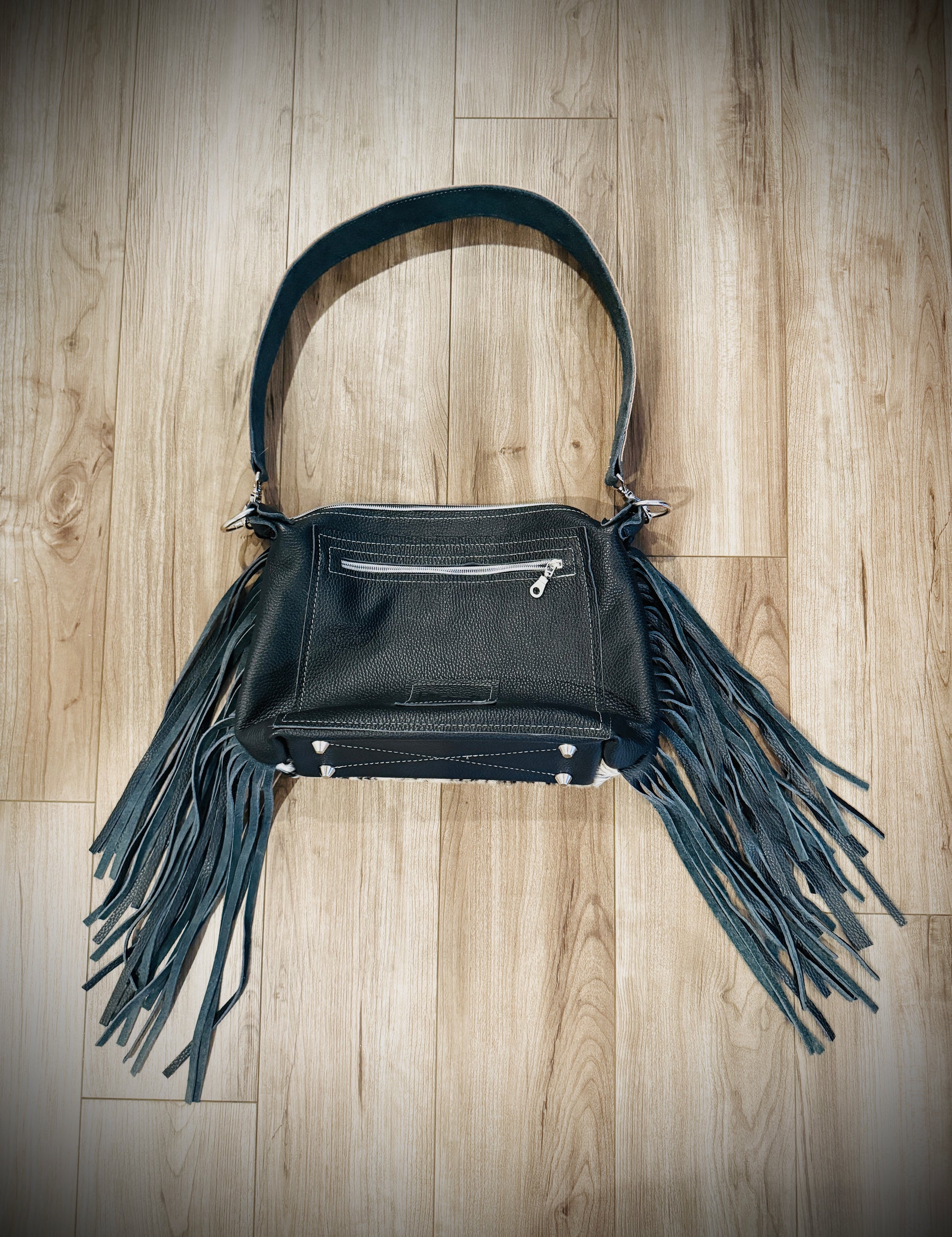 DCD “Annie” Shoulder Bag | Chocolate/White Hide + Lead Dallas Tool | Fringe