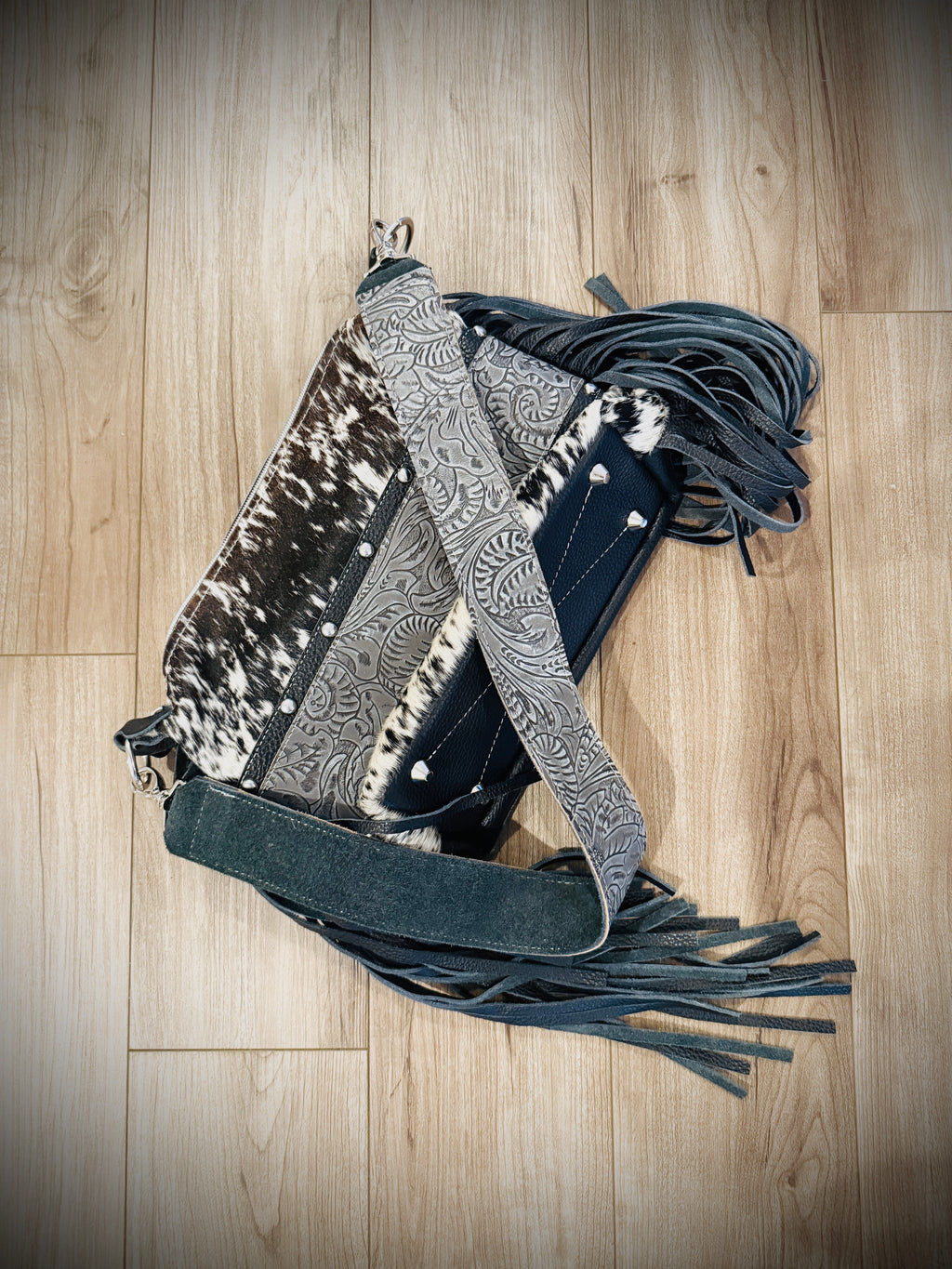 DCD “Annie” Shoulder Bag | Chocolate/White Hide + Lead Dallas Tool | Fringe