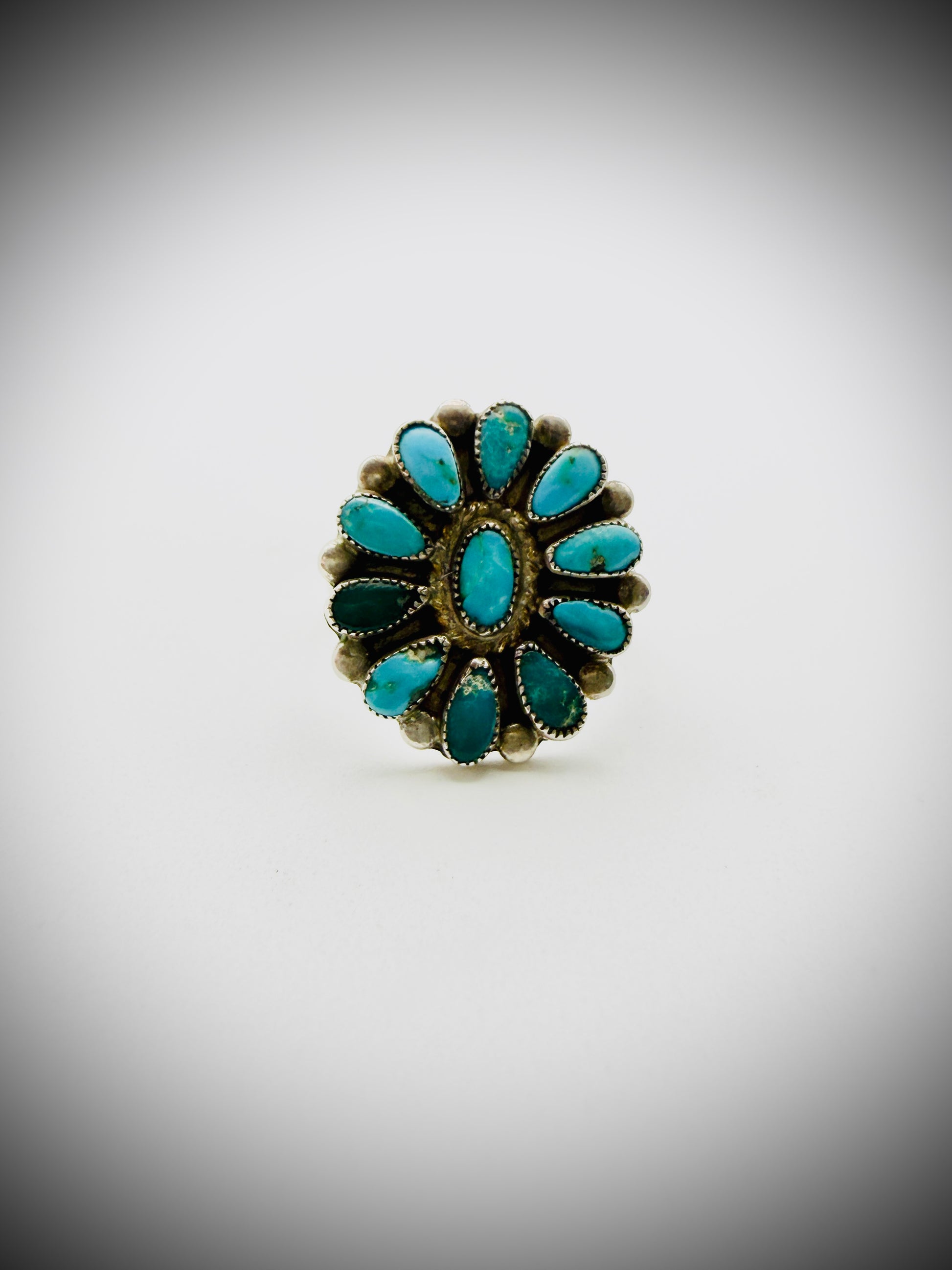 Sterling Turquoise Petit Point Cluster Ring Sz 6.5 signed “RQ”