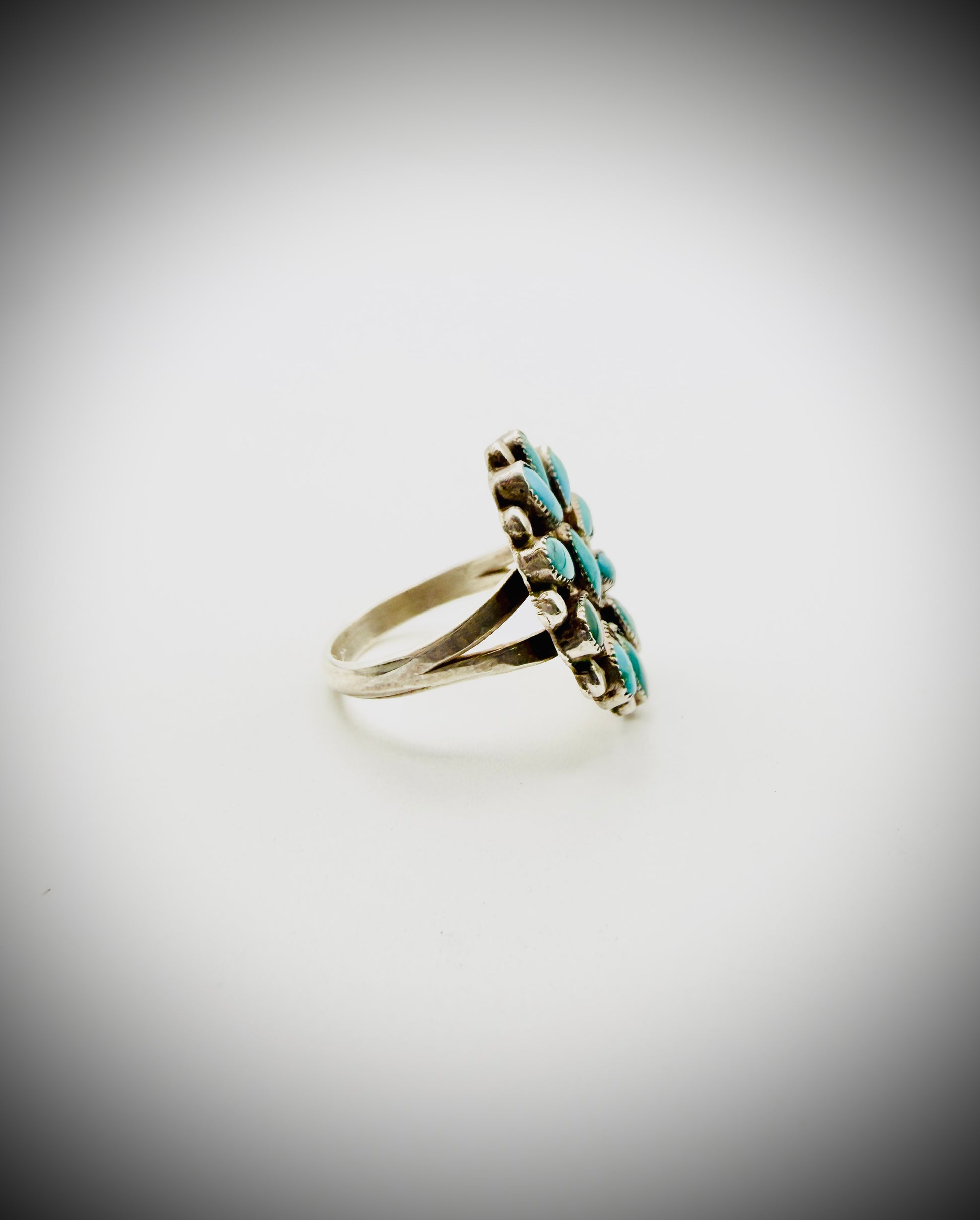 Sterling Turquoise Petit Point Cluster Ring Sz 6.5 signed “RQ”