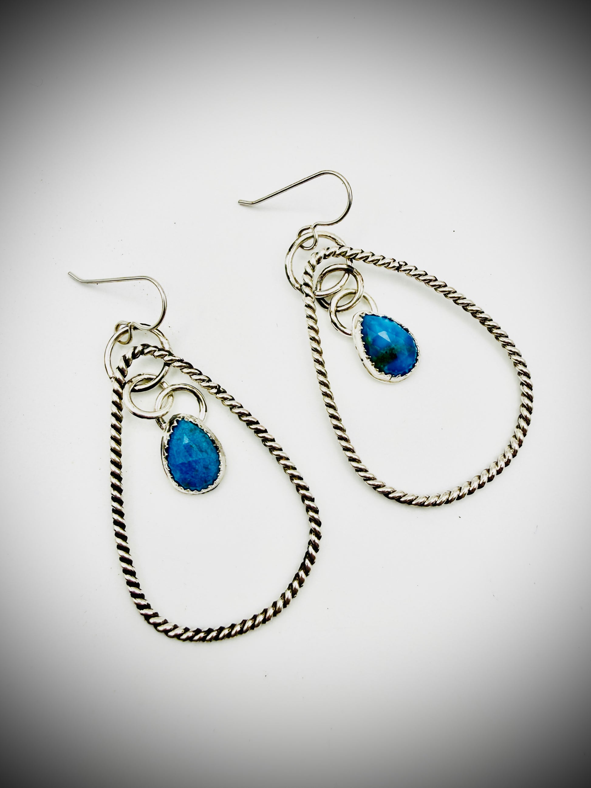 Sterling Silver Faceted Turquoise Teardrop Hoop Dangle Earrings 925