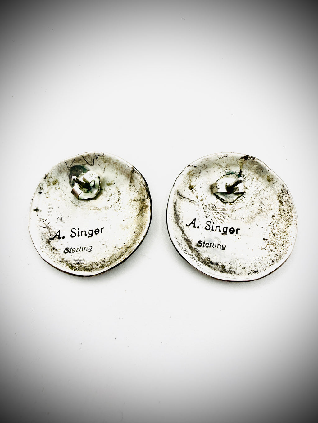 Vintage Navajo Storyteller Sterling Silver Earrings Signed A. Singer