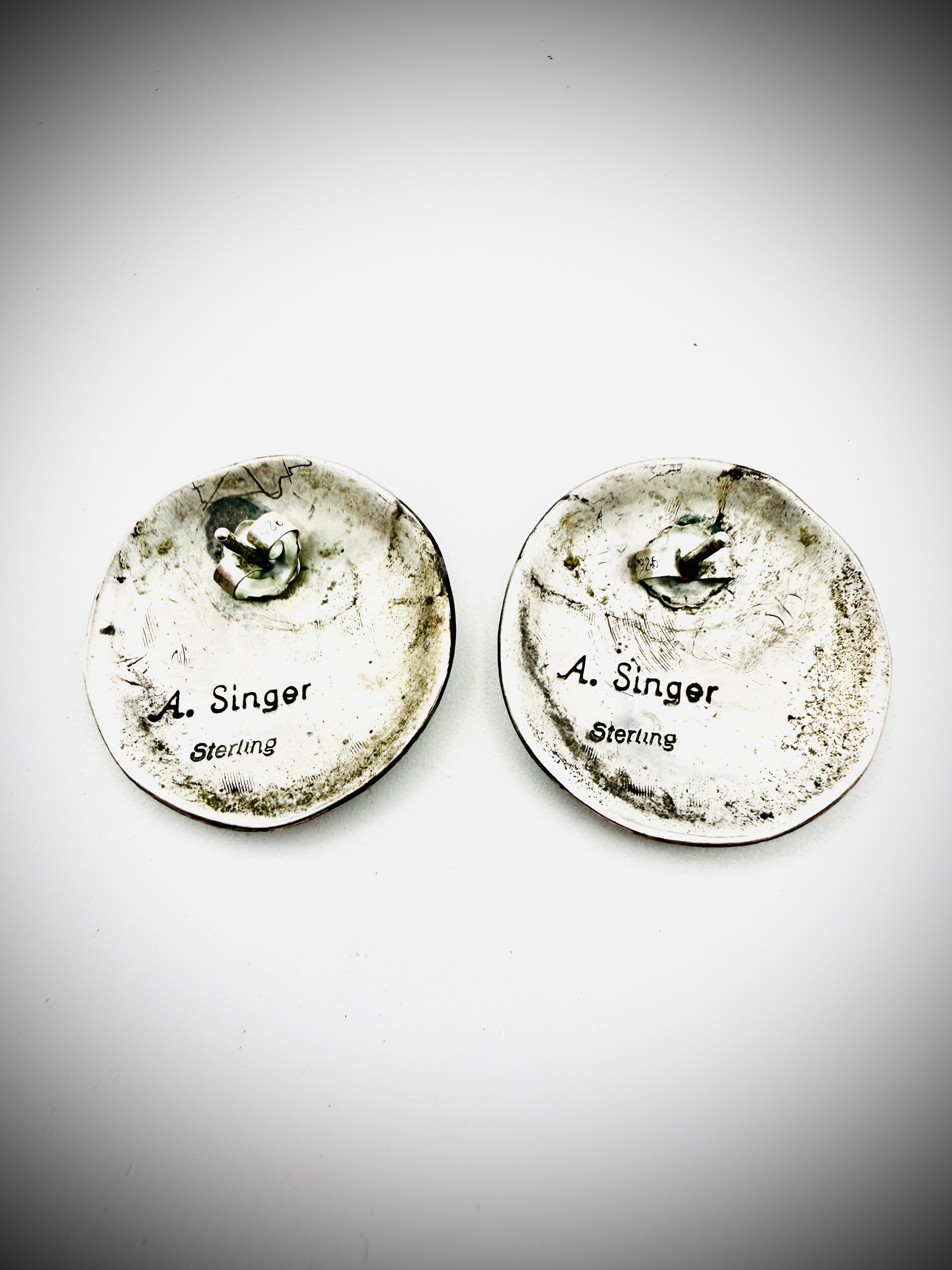 Vintage Navajo Storyteller Sterling Silver Earrings Signed A. Singer