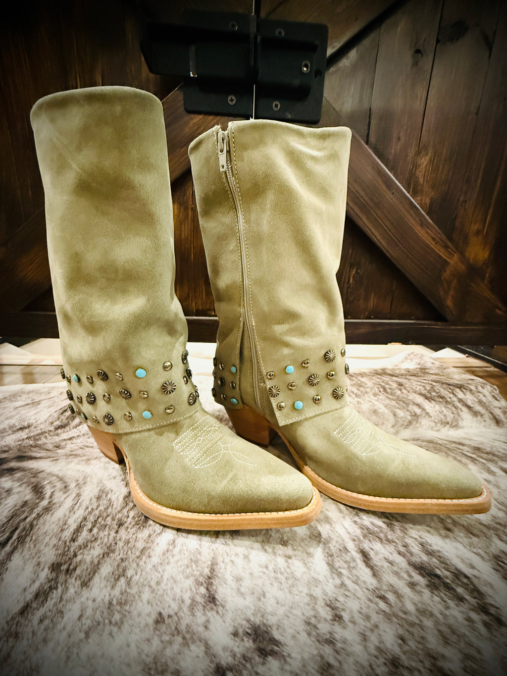 Buck & Brana Arianna Frozen Suede Studded Turquoise Western Boots NWT