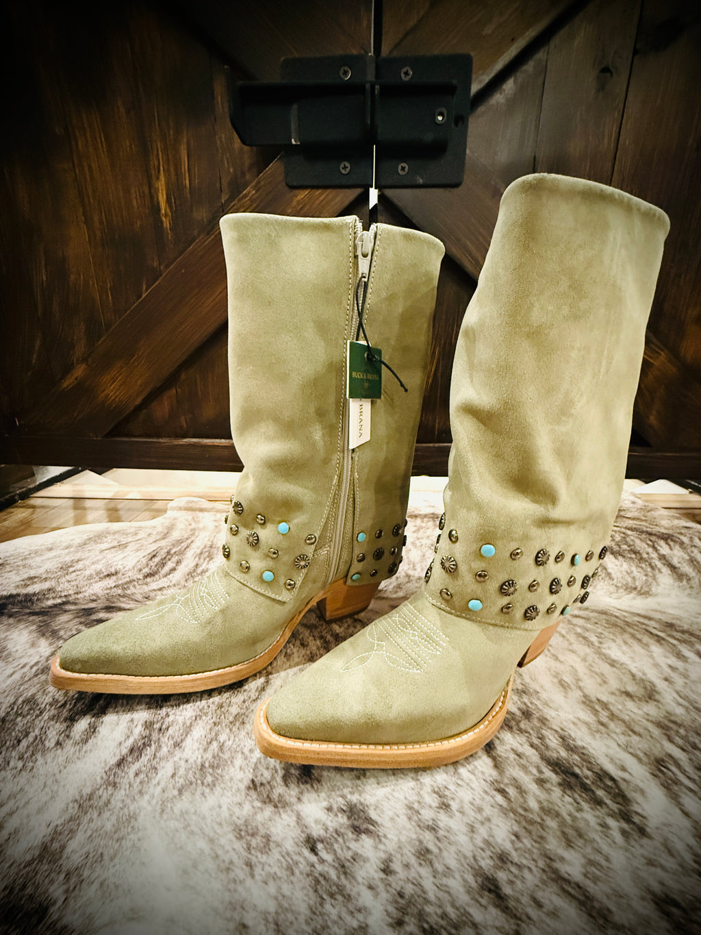 Buck & Brana Arianna Frozen Suede Studded Turquoise Western Boots NWT