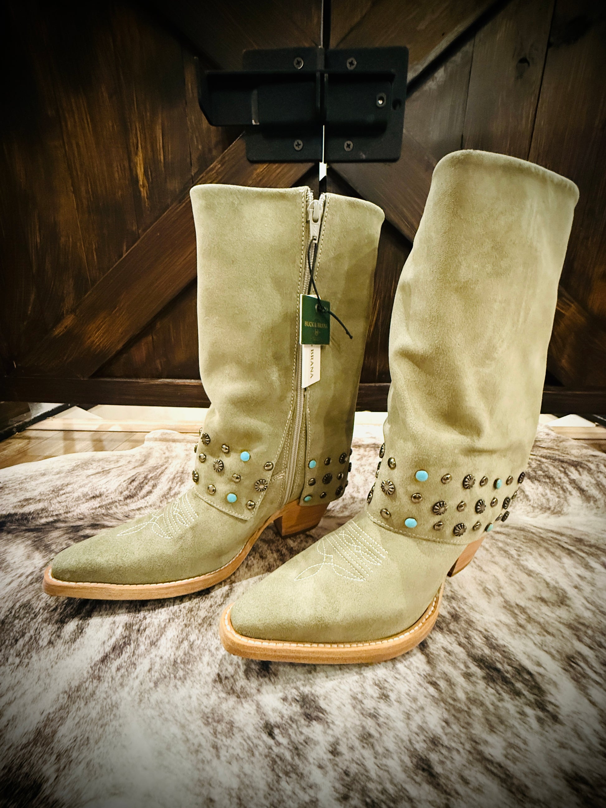 Buck & Brana Arianna Frozen Suede Studded Turquoise Western Boots NWT