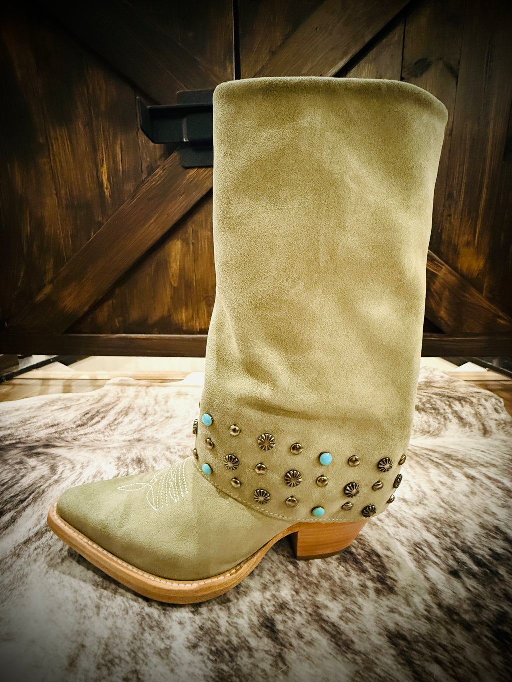 Buck & Brana Arianna Frozen Suede Studded Turquoise Western Boots NWT