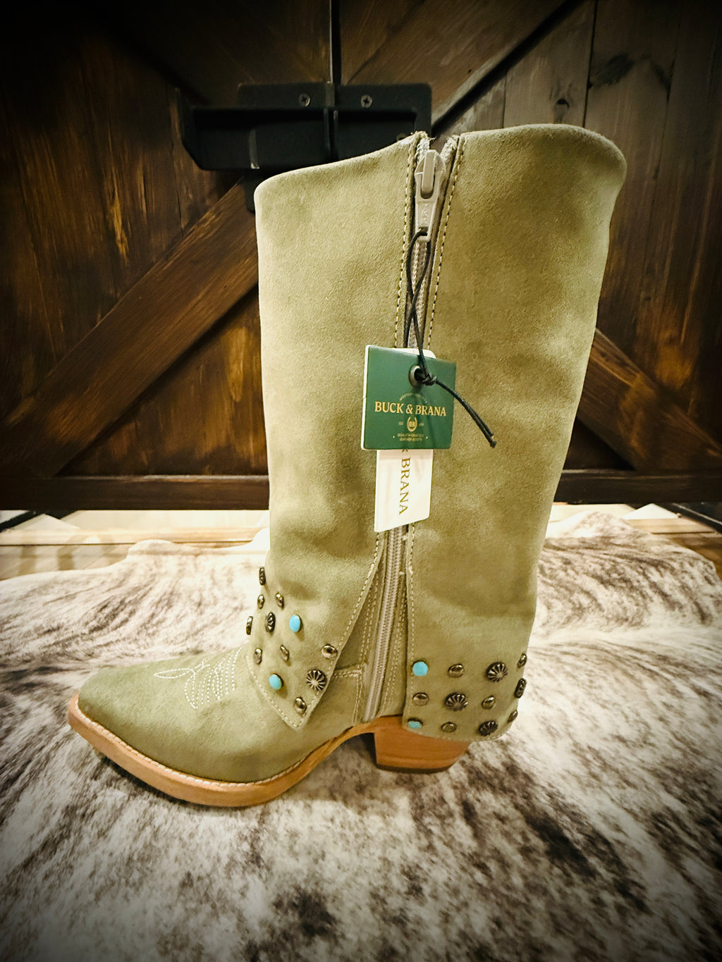 Buck & Brana Arianna Frozen Suede Studded Turquoise Western Boots NWT