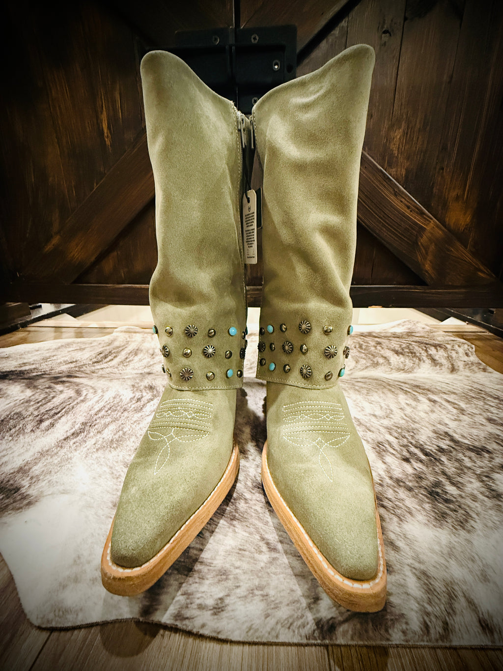 Buck & Brana Arianna Frozen Suede Studded Turquoise Western Boots NWT