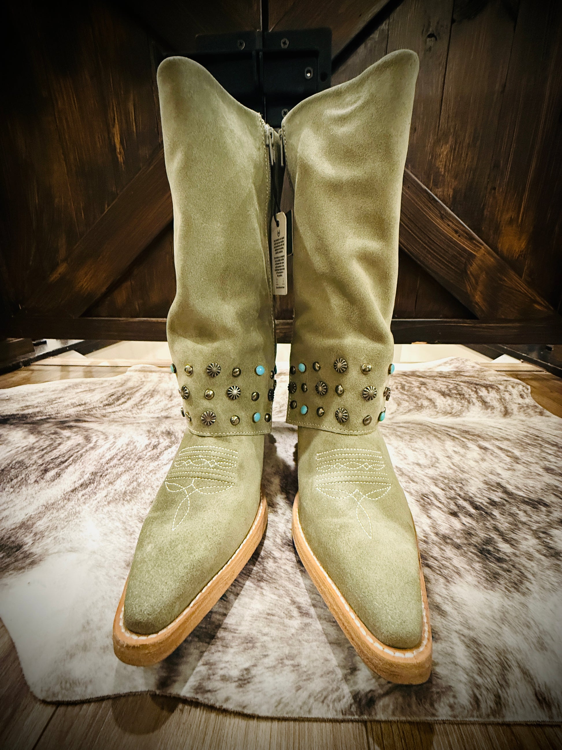 Buck & Brana Arianna Frozen Suede Studded Turquoise Western Boots NWT