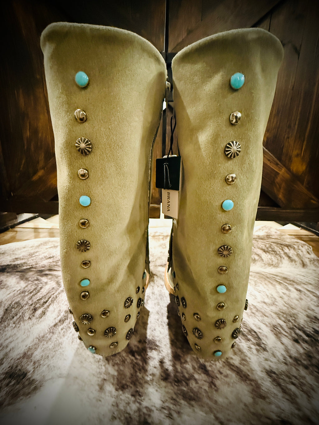 Buck & Brana Arianna Frozen Suede Studded Turquoise Western Boots NWT