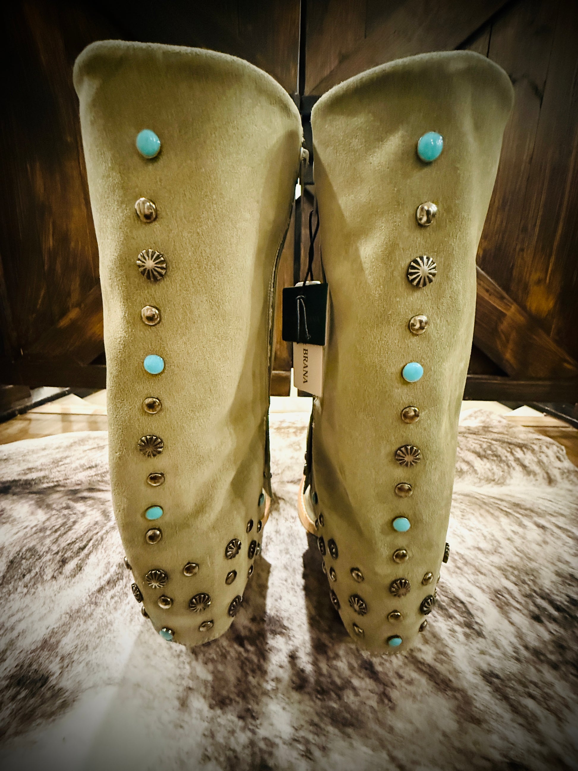Buck & Brana Arianna Frozen Suede Studded Turquoise Western Boots NWT