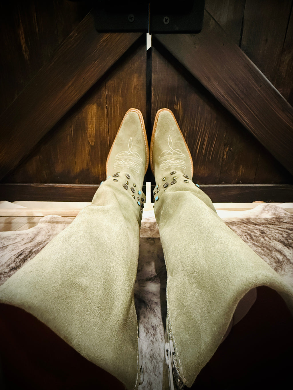 Buck & Brana Arianna Frozen Suede Studded Turquoise Western Boots NWT