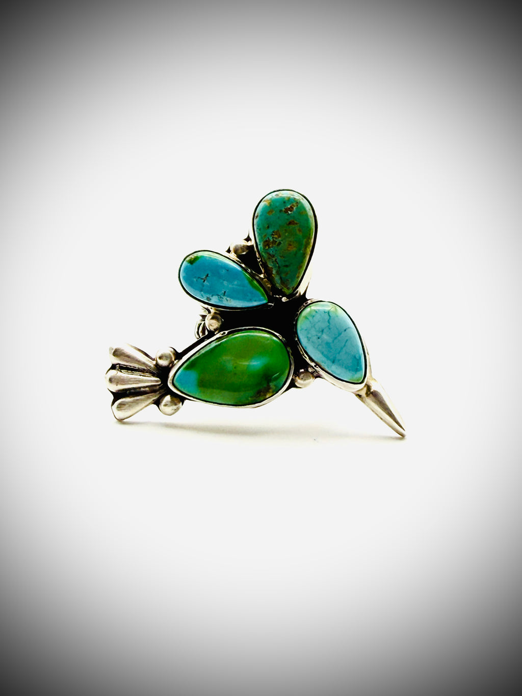 STERLING SONORAN GOLD TURQUOISE HUMMINGBIRD RING Signed "DY"